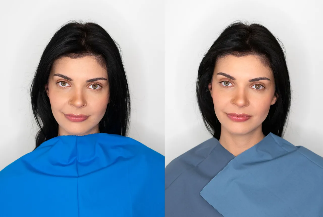 Kr&oacute;lewna Śnieżka z ciemnymi włosami i jasną cerą prezentuje się w dw&oacute;ch odcieniach niebieskiego.