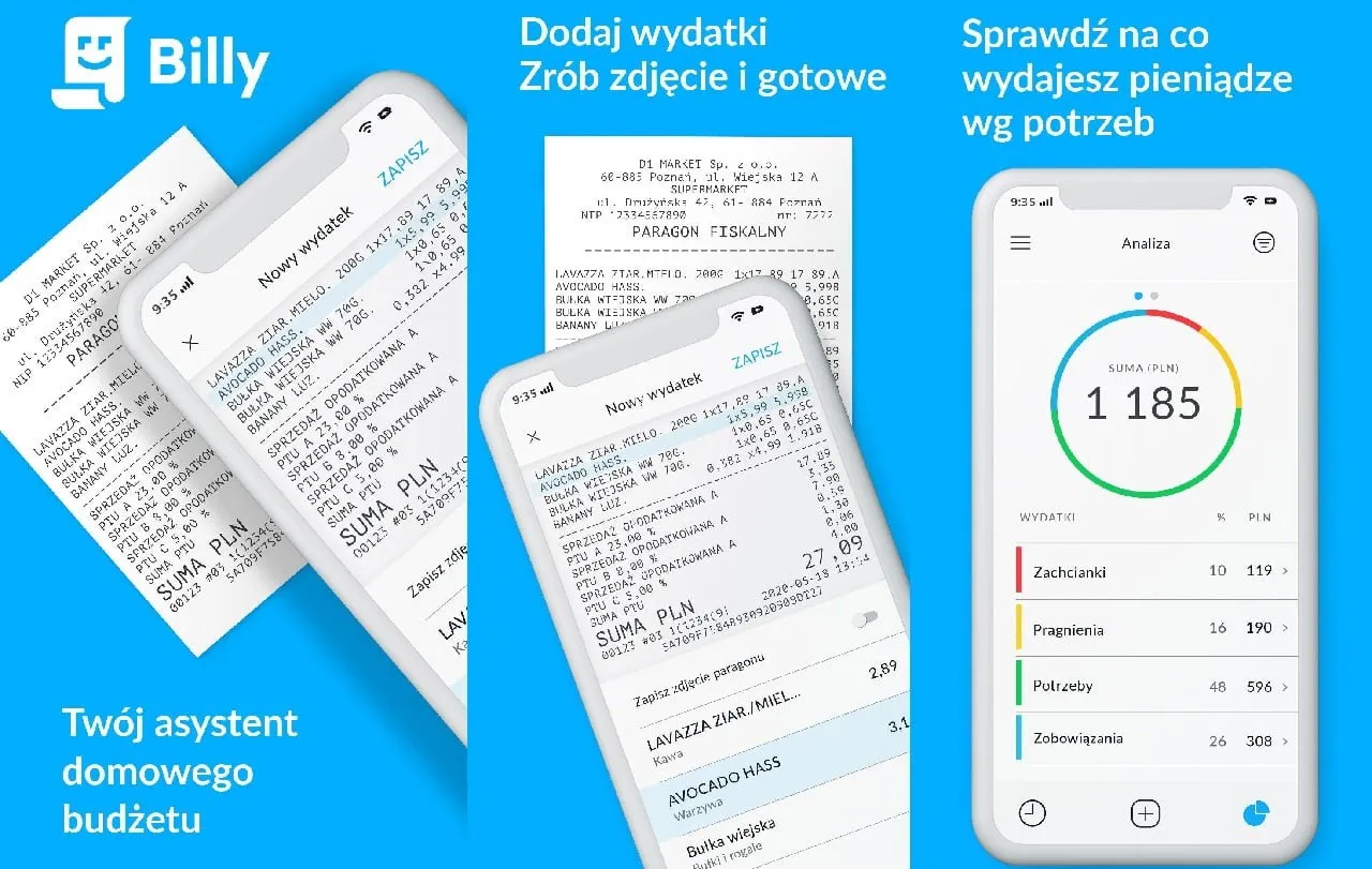 Aplikacja Billy pomaga w zarządzaniu budżetem domowym. Skanuj paragony, analizuj wydatki i ucz się, jak oszczędzać pieniądze, prowadząc bloga o finansach.
