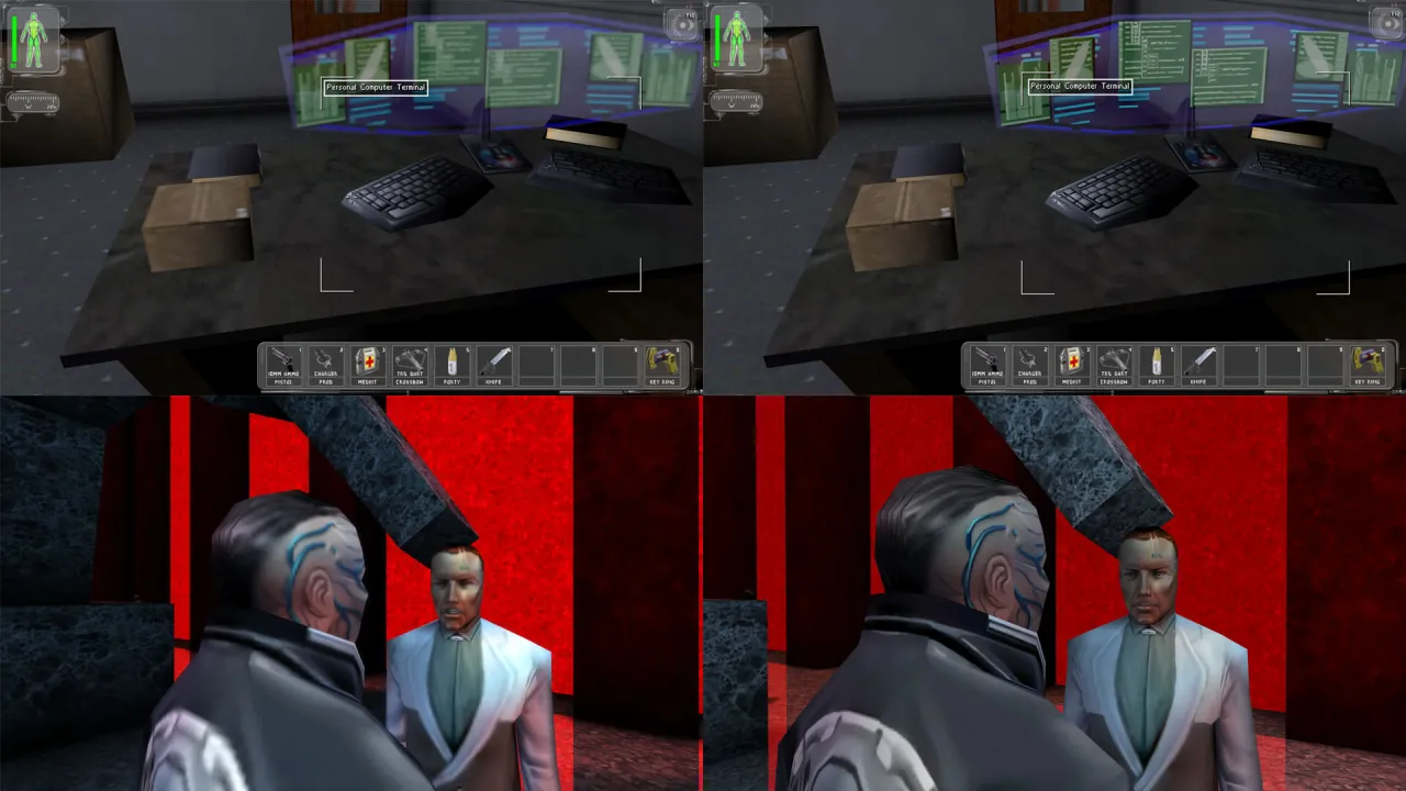 Dwie sceny z gry Deus Ex: Revision. Na górze biurko z komputerem i ekwipunkiem. Na dole dwóch mężczyzn w garniturach.