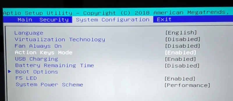 BIOS HP System Configuration Action Keys Mode