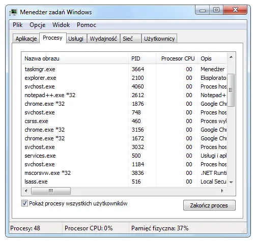 Menedżer zadań Windows interfejs
