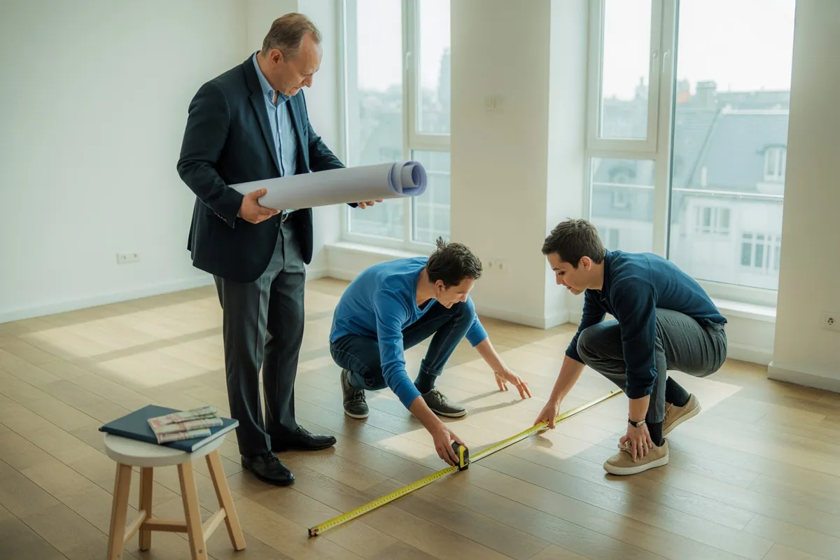 Mężczyzna w garniturze trzyma projekt, dwaj młodsi mężczyźni mierzą podłogę. Planują remont, zastanawiając się, czy odstępne płaci się co miesiąc.