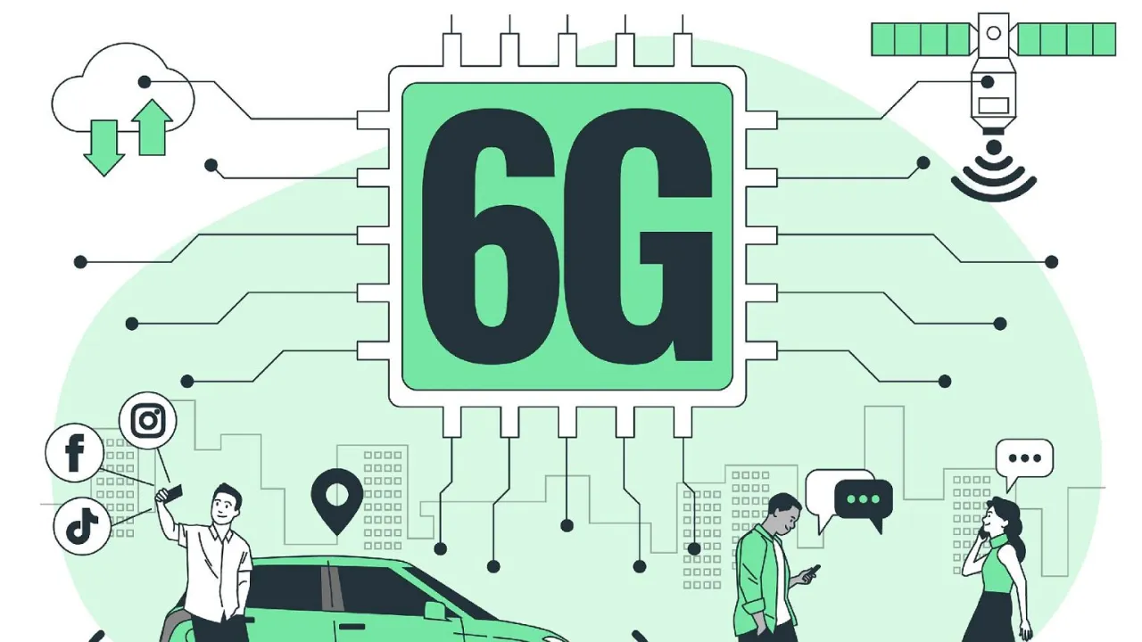 Grafika przedstawia koncepcję światowego systemu bezprzewodowego 6G, łączącego chmurę, satelitę, samoch&oacute;d autonomiczny i ludzi korzystających z medi&oacute;w społecznościowych.