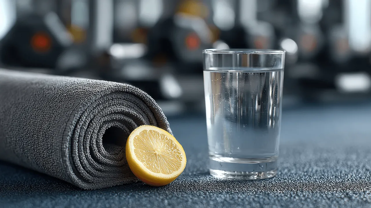 Szklanka wody z cytryną i zwinięta mata do ćwiczeń. Idealne rozwiązanie, co pić podczas treningu dla orzeźwienia.