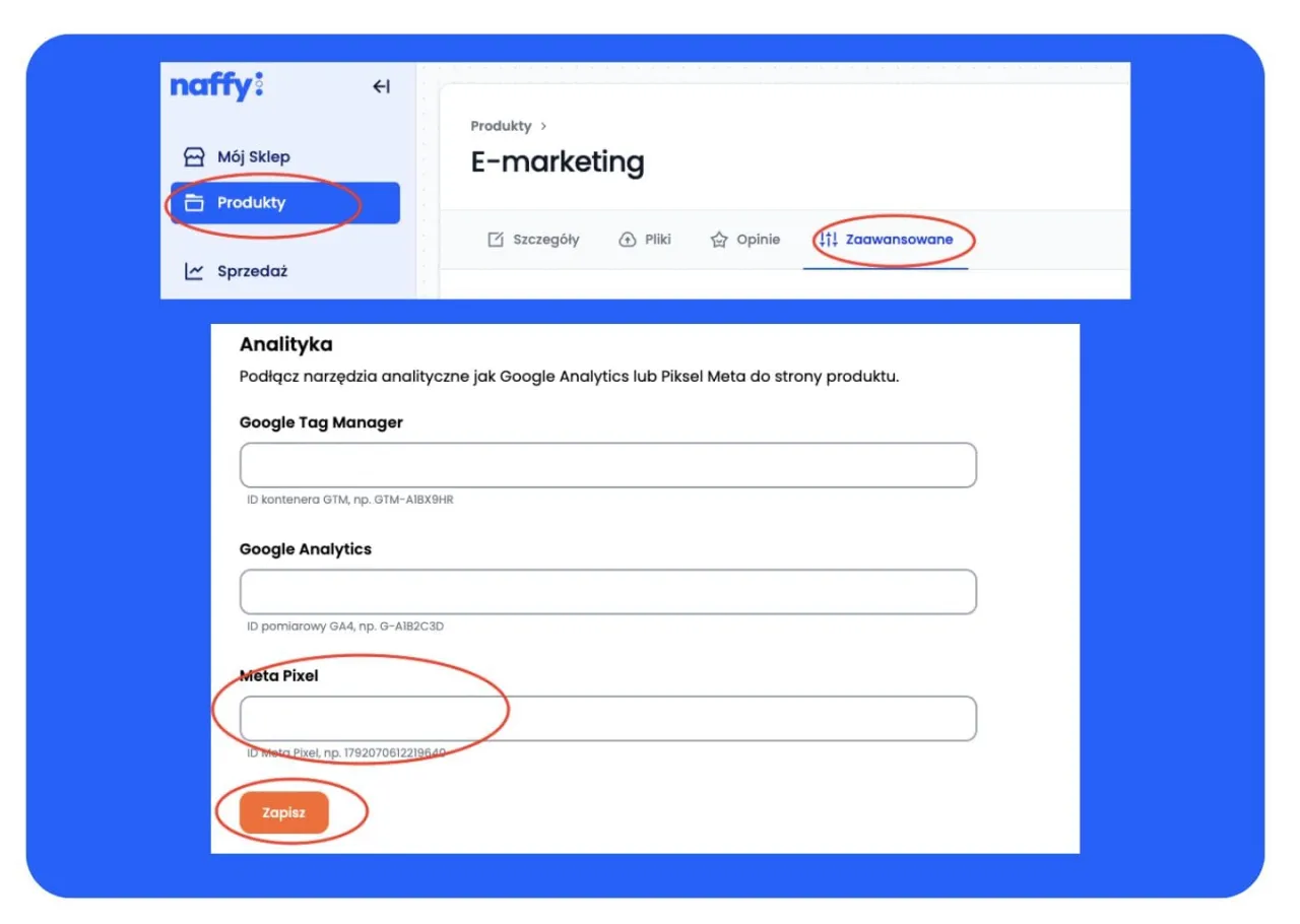 Konfiguracja analityki produktu: pole do wpisania identyfikatora Piksela Meta.