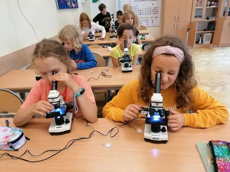 Uczeń z mikroskopem na lekcji biologii