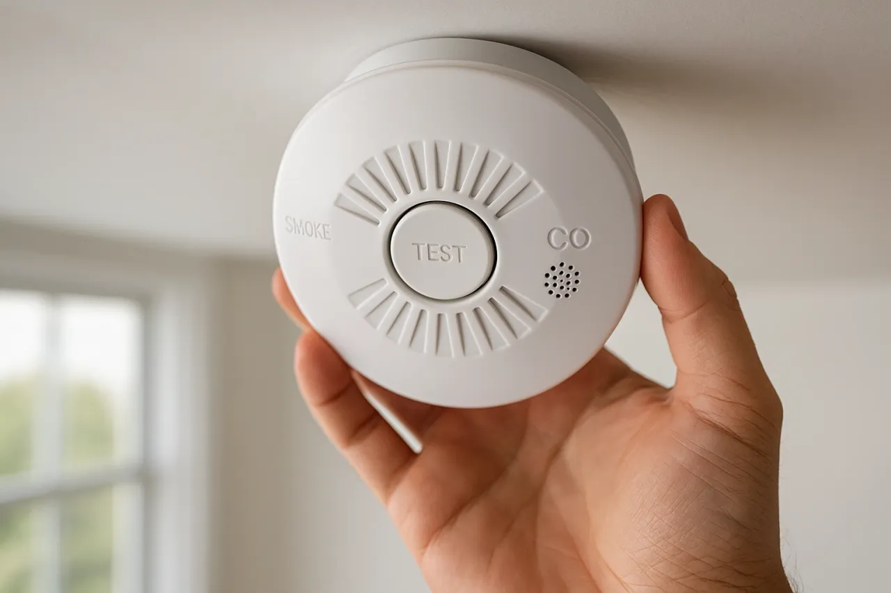 Ręka trzyma czujnik dymu i czadu. Dowiedz się, czujnik dymu i czadu gdzie zamontować, by zapewnić bezpieczeństwo.