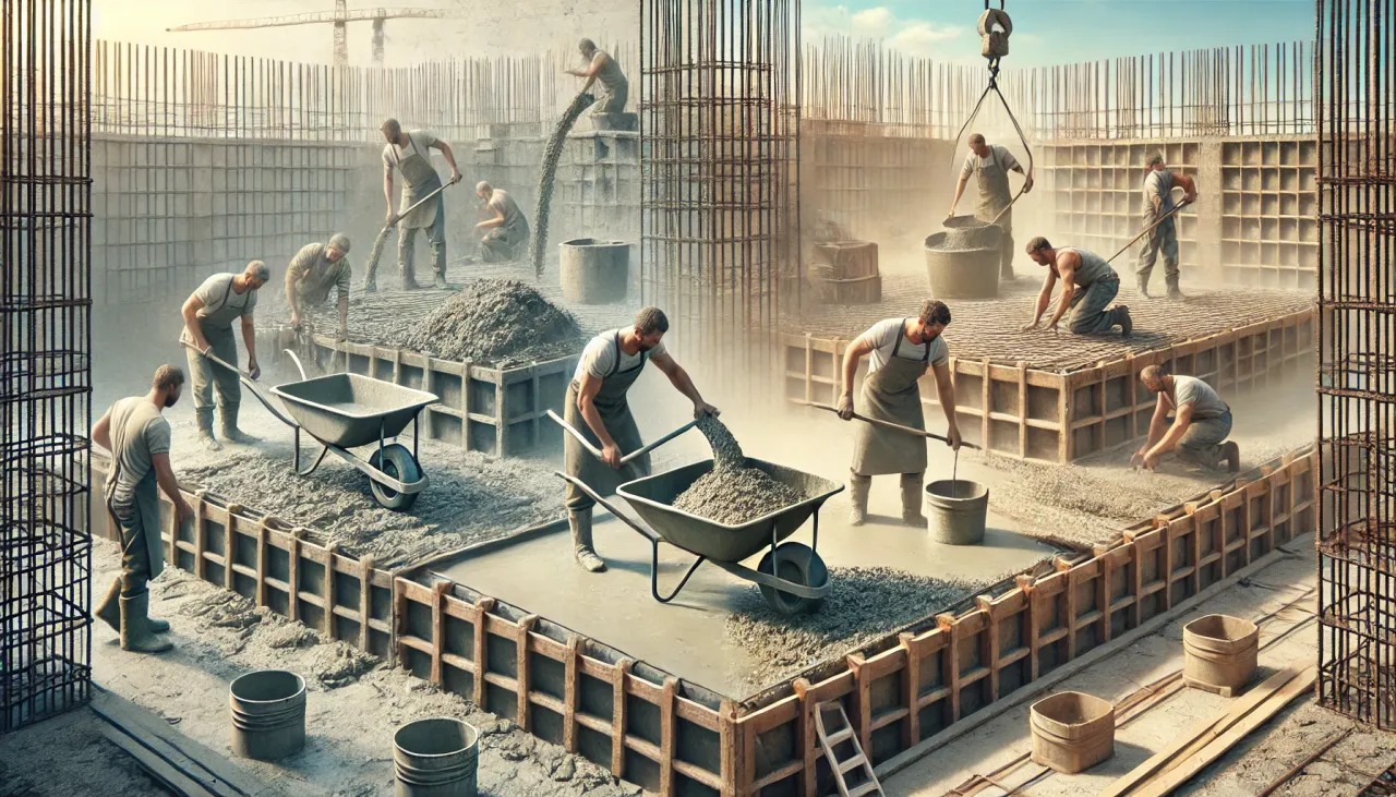 Budowlańcy pracują przy betonowaniu fundament&oacute;w. Widać w&oacute;zki z betonem, łopaty i zbrojenia. Czas schnięcia fundament&oacute;w zależy od wielu czynnik&oacute;w.