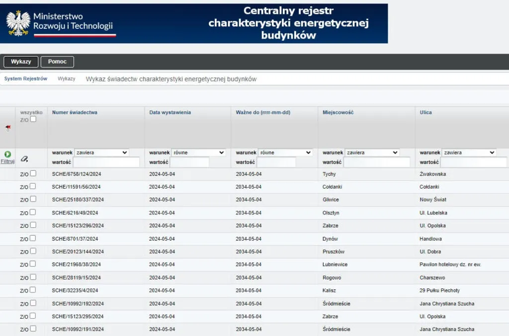 Centralny Rejestr Charakterystyki Energetycznej Budynków interfejs