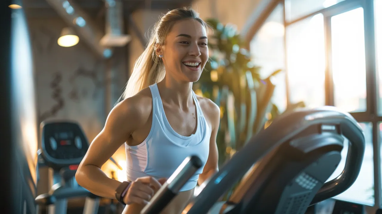 Uśmiechnięta kobieta na bieżni, mimo że czuje bardzo bolesne zakwasy, cieszy się treningiem.