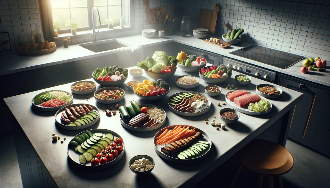 Na stole w kuchni przygotowane są składniki do zdrowego posiłku: warzywa, ryby, mięso i kasze. To przykład tego, czym jest redukcja kalorii w diecie.