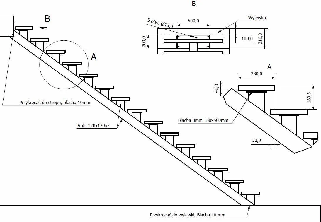 schemat wymiar&oacute;w schod&oacute;w jednobiegowych h s prześwit