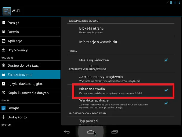 Ustawienia Android instalacja z nieznanych źr&oacute;deł