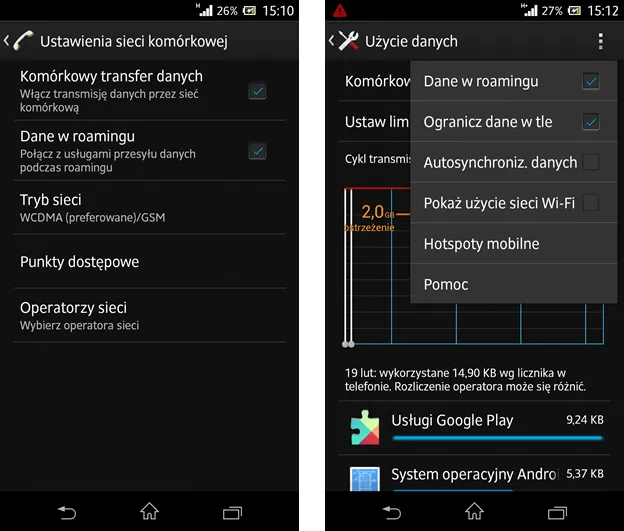 Zrzuty ekranu z ustawieniami roamingu danych w Androidzie i iOS