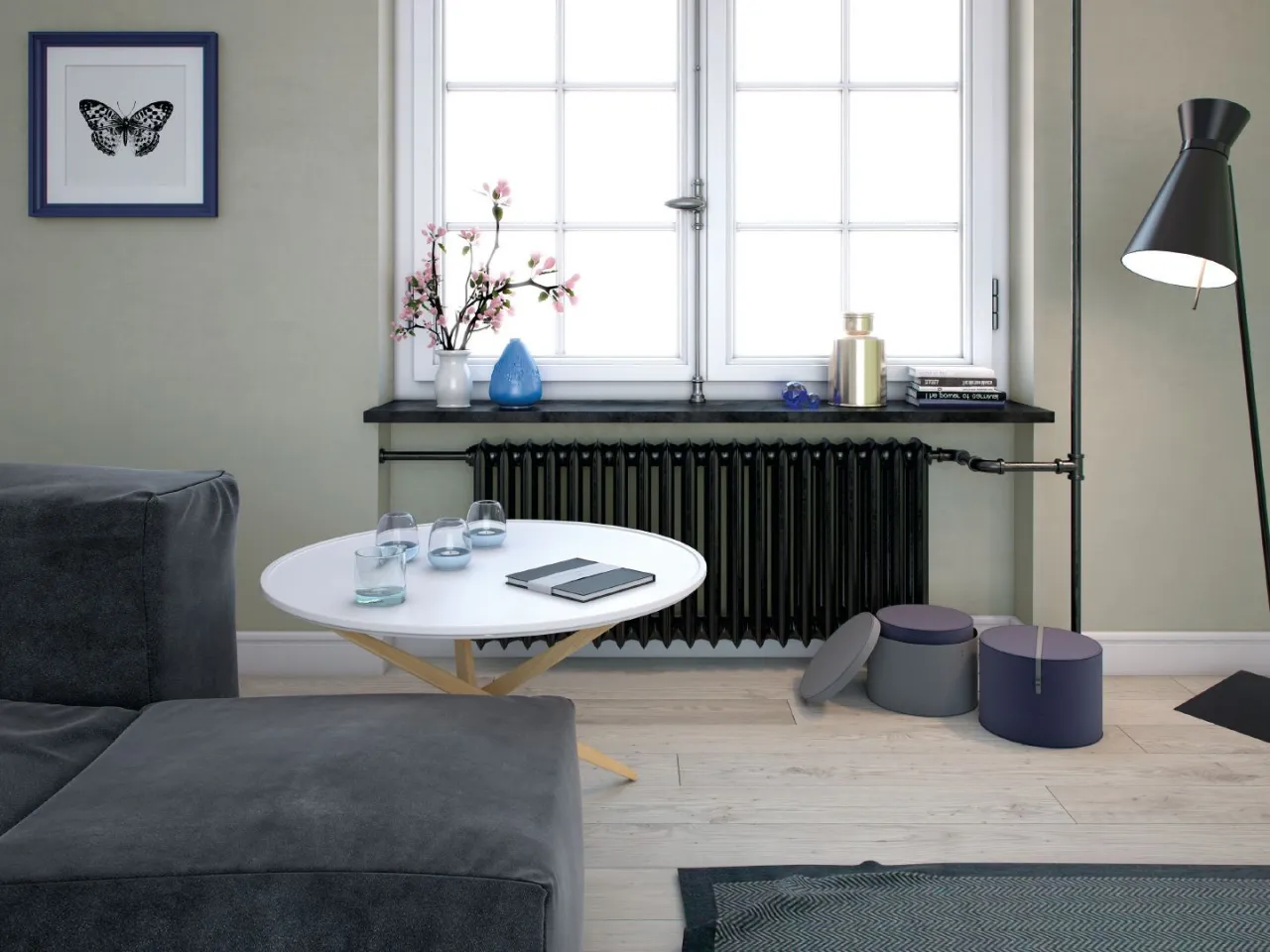 grzejnik pomalowany na kolor ściany, niewidoczny kaloryfer