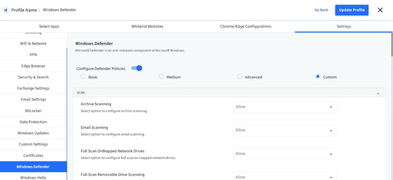 Windows Defender interfejs ustawień