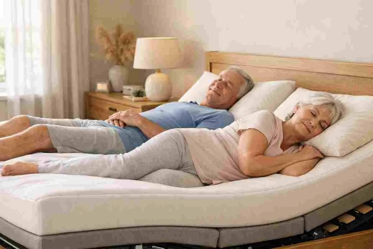 Szczęśliwa para seniorów śpi na wygodnym materacu. Idealny materac dla starszej osoby zapewnia komfort i wsparcie.