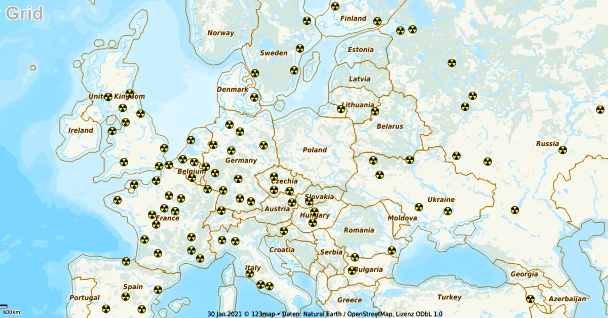Mapa elektrowni atomowych w Europie