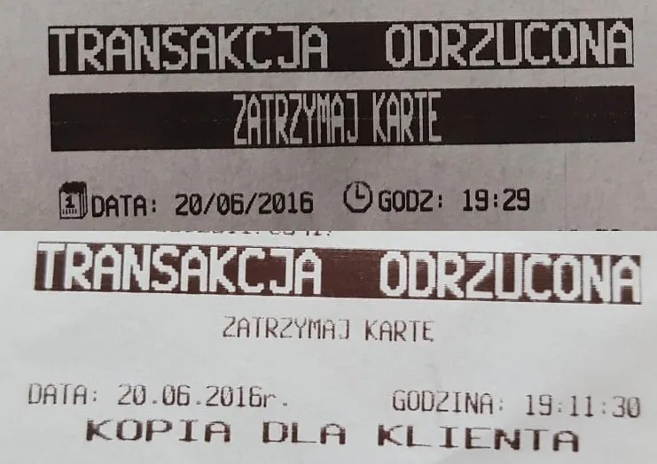 karta płatnicza odrzucona