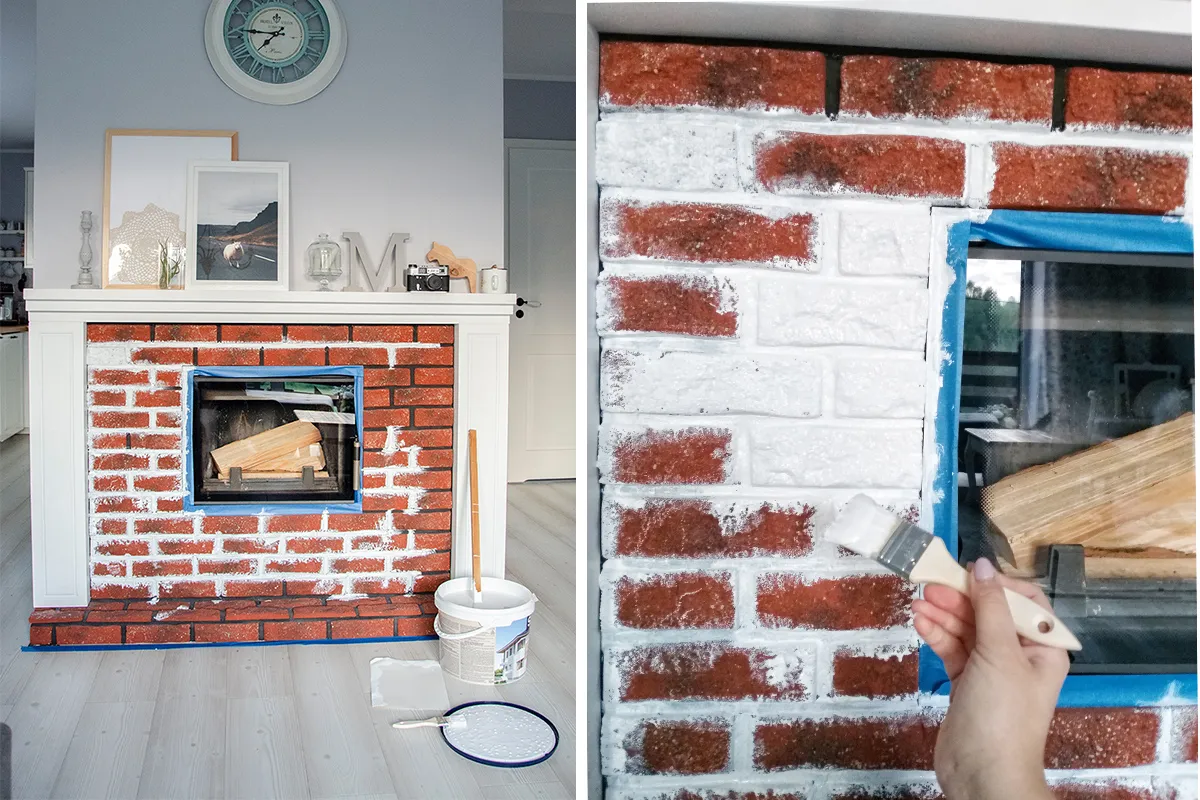 Malowanie obudowy kominka na biało. Widać pędzel i wiadro z farbą. Jaką farbą pomalować obudowę kominka?