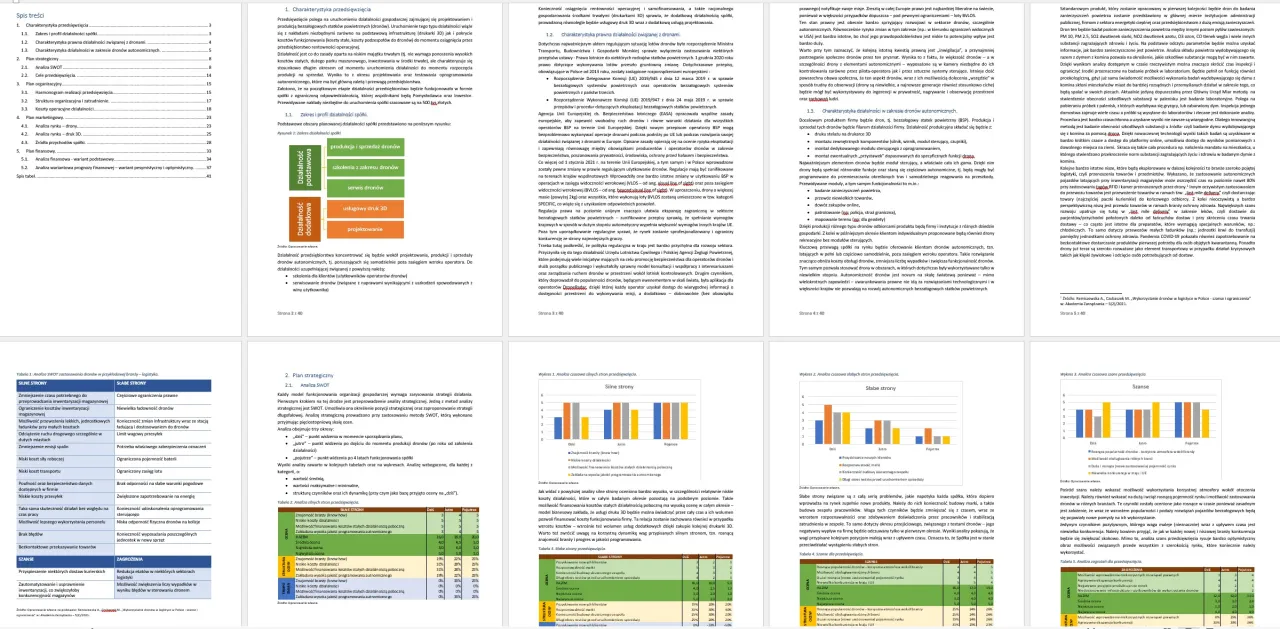 Jak napisać projekt o dofinansowanie: analiza SWOT, plan strategiczny i analiza rynku dla firmy z branży dronów.