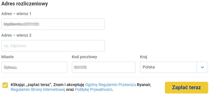 Formularz płatności Ryanair adres rozliczeniowy