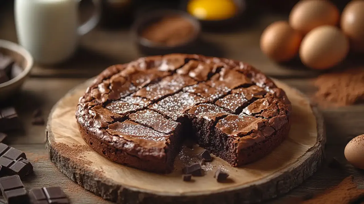 Pyszny brownie przepis na wilgotne ciasto czekoladowe, posypane cukrem pudrem. Obok składniki: jajka, mleko, czekolada.