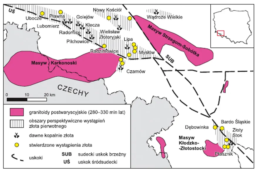 mapa zł&oacute;ż złota w Polsce historyczne wydobycie złota Dolny Śląsk