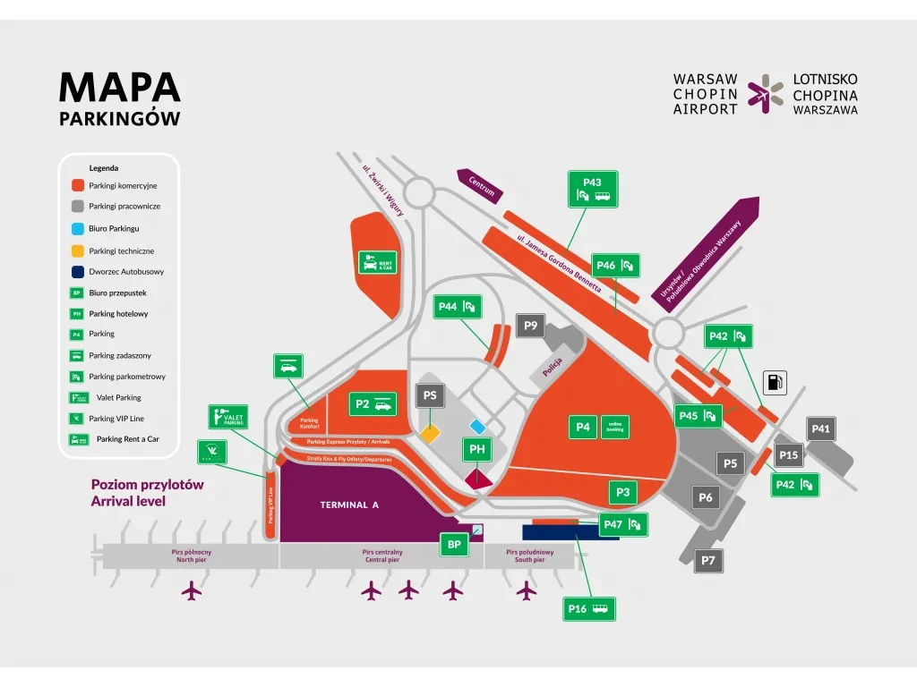 Mapa Lotniska Chopina parkingi Kiss & Fly P1 P2