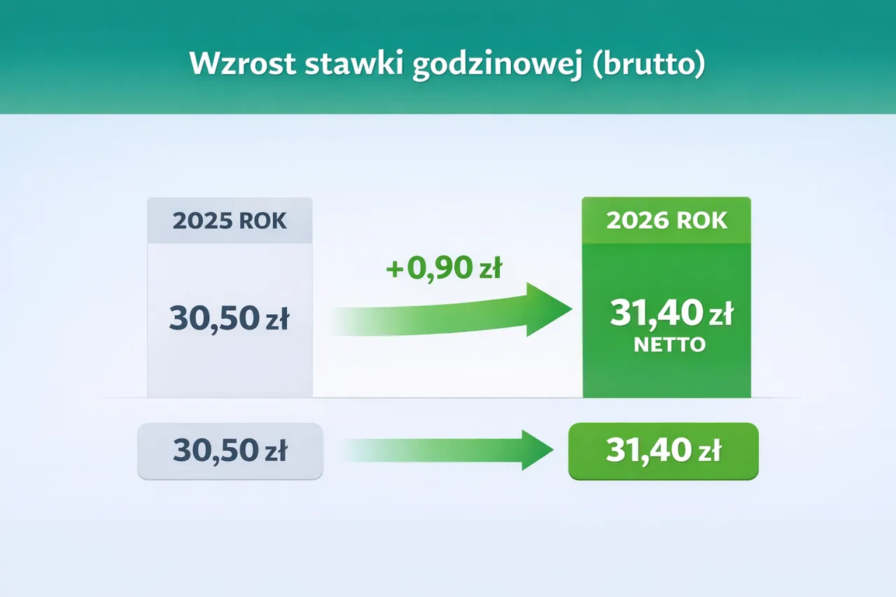 Minimalna stawka godzinowa umowa zlecenie 2026 brutto netto infografika