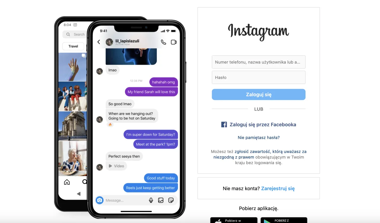 Ekran logowania Instagram. Widok telefonu z czatem i opcją 