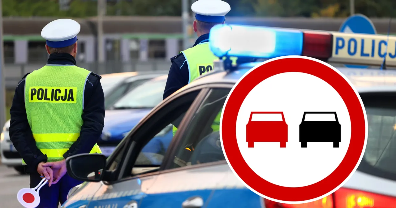 Policjanci i znak zakazu wyprzedzania. Pamiętaj, jaki odstęp należy zachować podczas wyprzedzania samochodu osobowego, by było bezpiecznie.
