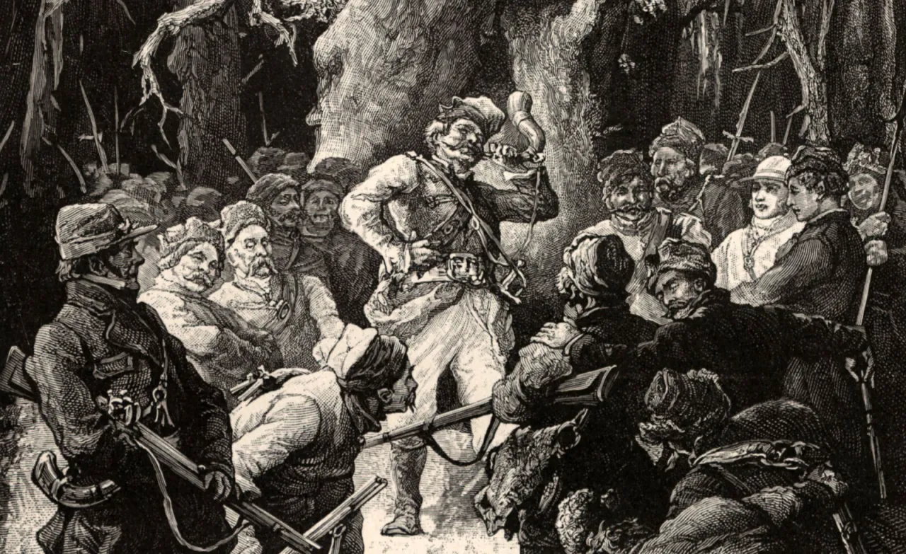 Wojski gra na rogu, otoczony przez słuchaczy. Scena jak z wiersza, pełna emocji i polskiego ducha.