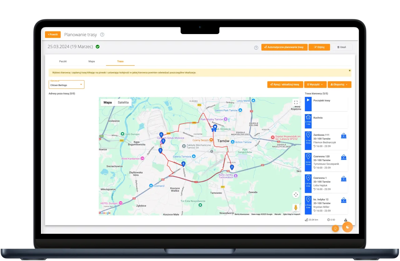 Planowanie trasy dla diet catering z dostawą. Kierowca Citroen Berlingo odwiedzi 5 lokalizacji w Tarnowie.