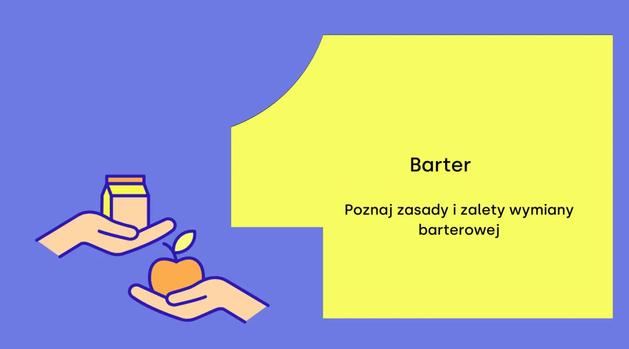 Dwie dłonie wymieniają się jabłkiem i kartonem mleka. Ilustracja promuje wsp&oacute;łpracę barterową i wymianę.