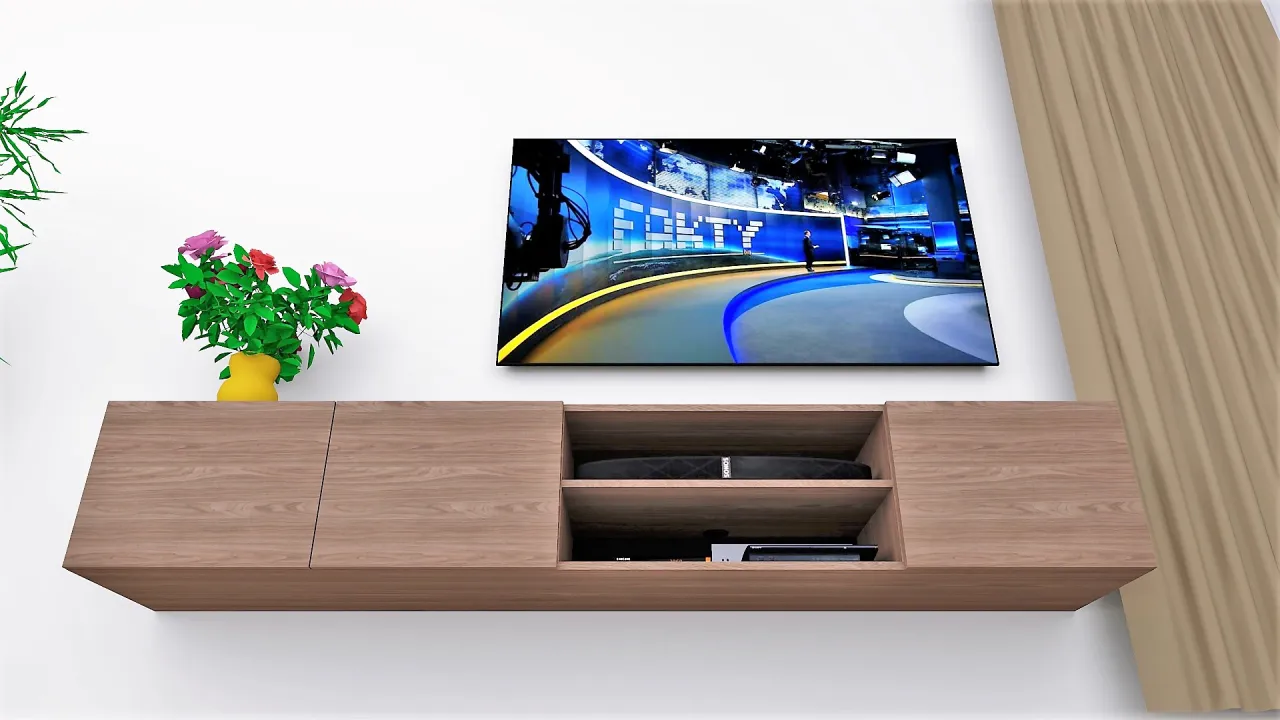 Wizualizacja ergonomicznej strefy RTV z wiszącą szafką