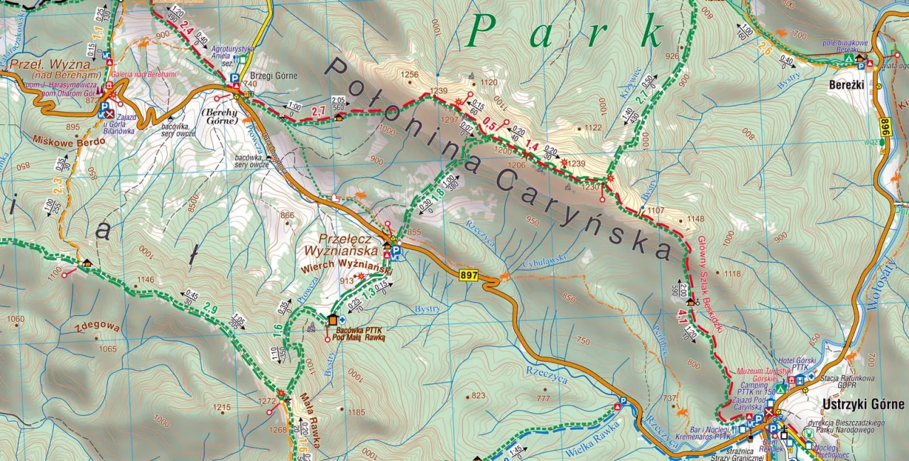 Mapa Bieszczad&oacute;w z zaznaczonymi miejscowościami Ustrzyki G&oacute;rne, Wołosate, Muczne, Wetlina