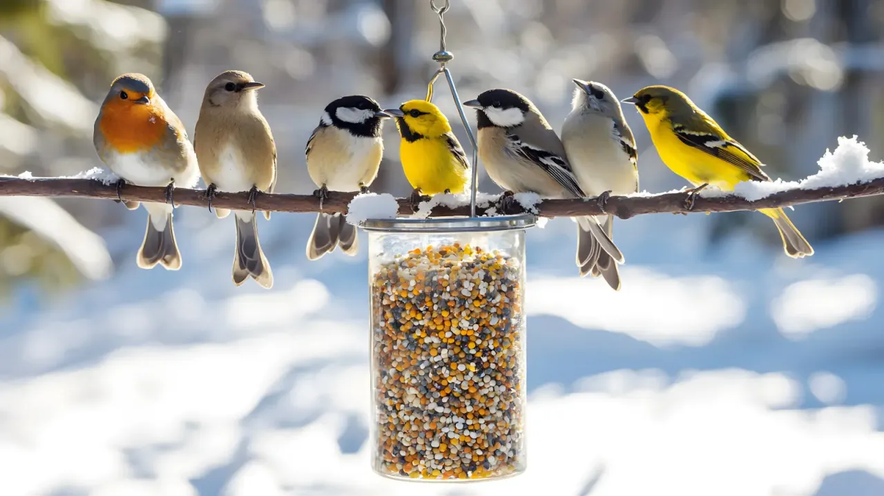 czysty karmnik dla ptak&oacute;w zimą r&oacute;żnorodne ziarna