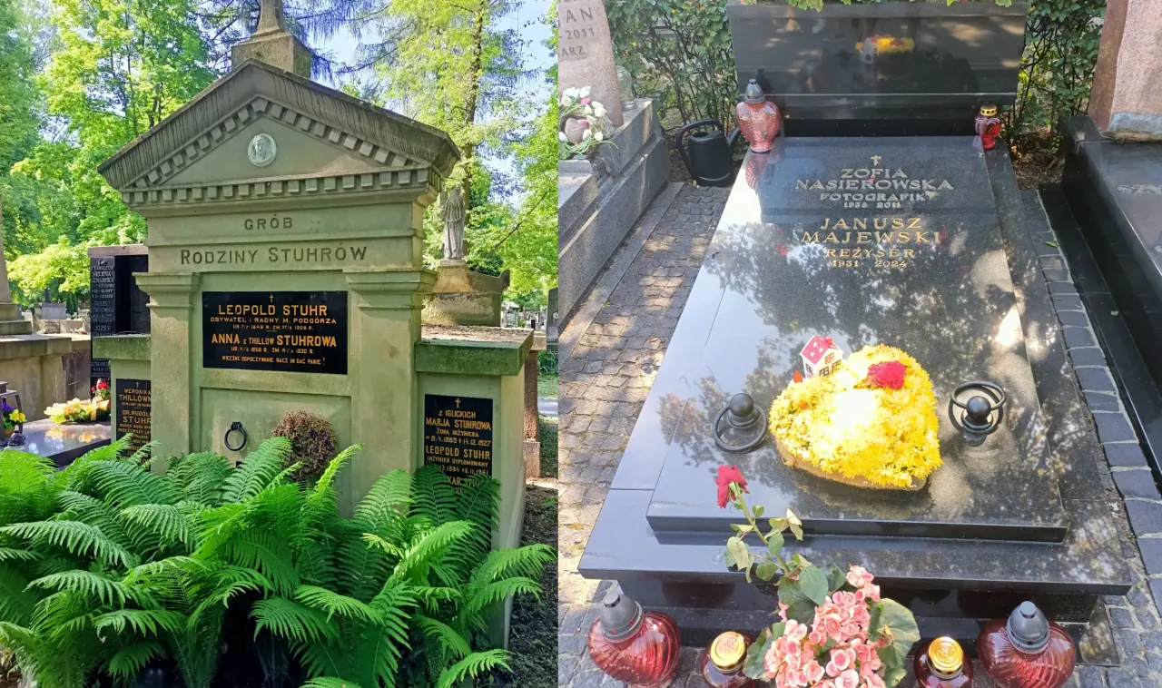 Dwa nagrobki na cmentarzu w Paryżu: monumentalny grobowiec rodziny Stuhrow i nowoczesny, czarny granit z wieńcem.