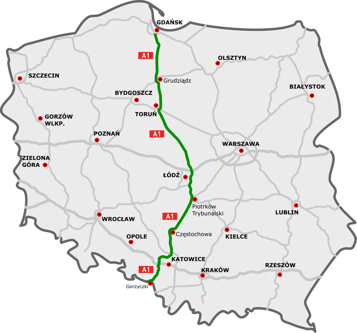 Mapa autostrady A1 przebieg