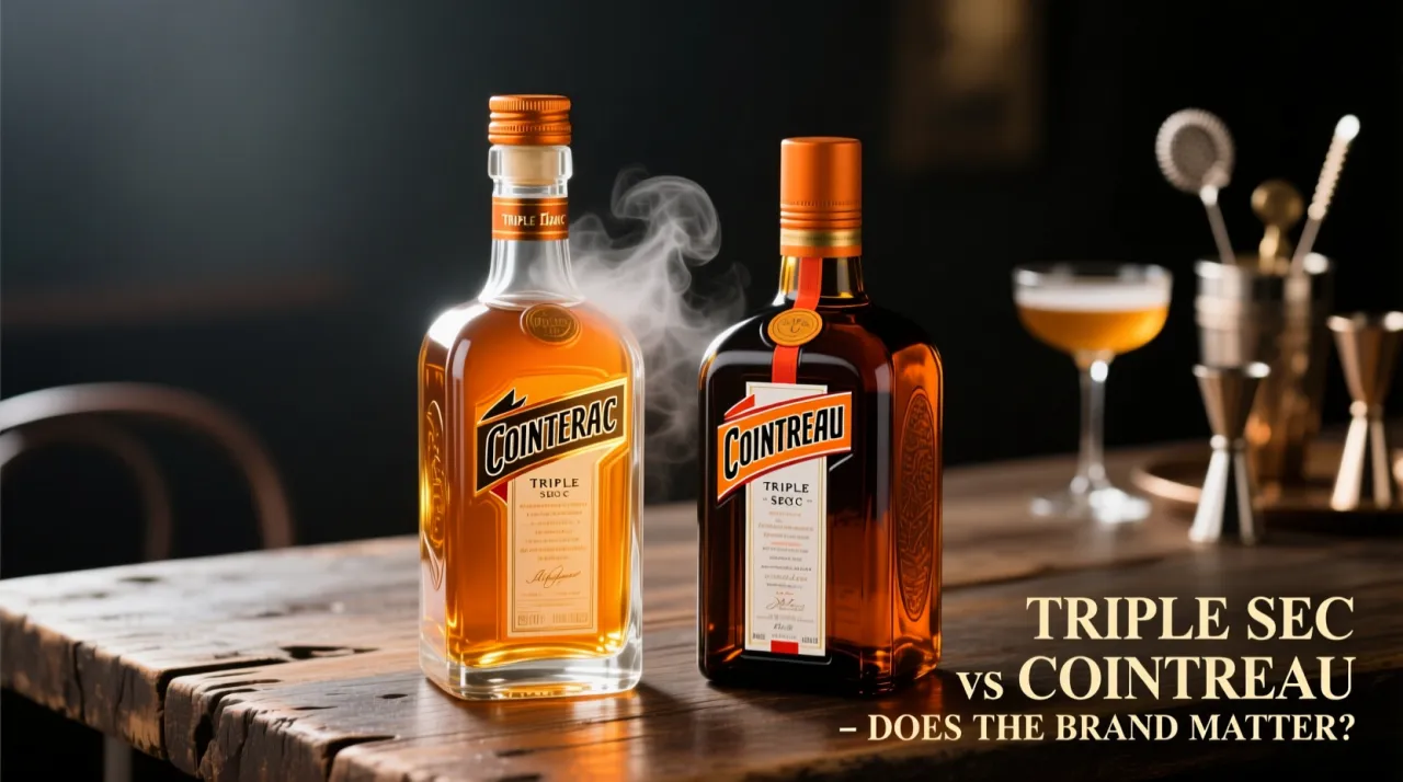 Dwie butelki likieru pomarańczowego, Cointreau i Triple Sec, na drewnianym stole. Dym unosi się nad butelkami, sugerując debatę: Cointreau kontra Triple Sec w koktajlach.