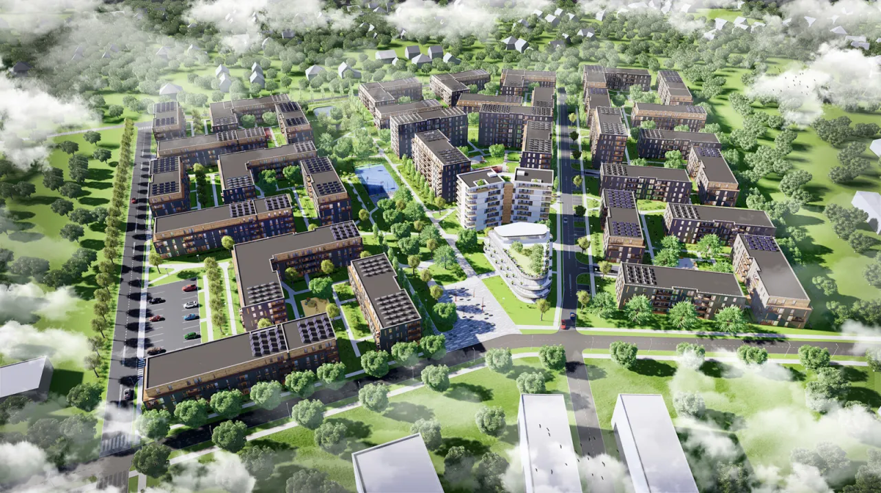 wizualizacja nowoczesnego osiedla mieszkaniowego z zielenią i przestrzeniami wspólnymi