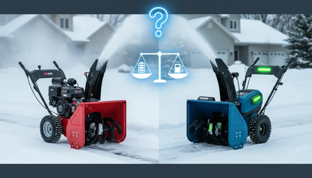 Dwie odśnieżarki do śniegu: jedna spalinowa (czerwona), druga elektryczna (niebieska), porównane na wadze.