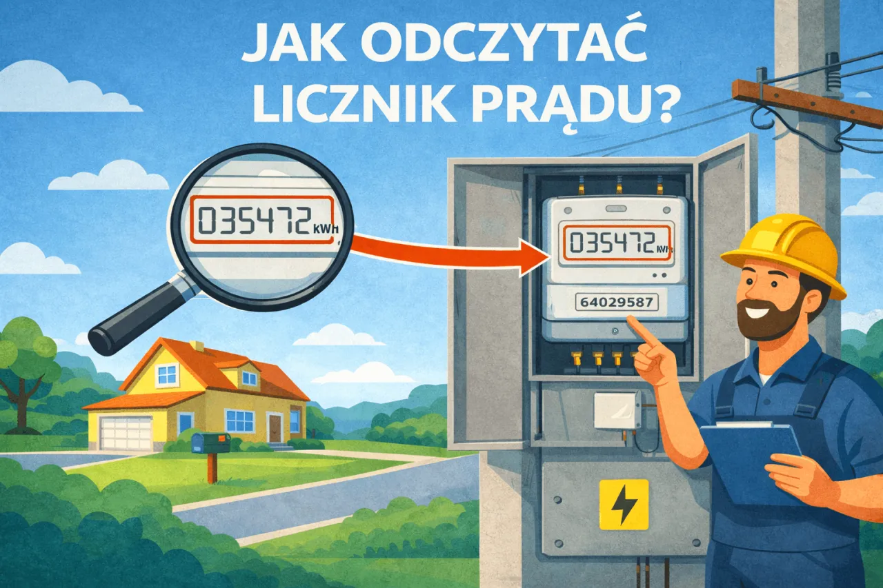 Ilustracja pokazuje, jak odczytać licznik prądu. Powiększony odczyt licznika 035472 kWh jest skierowany strzałką do licznika w skrzynce, obok domu.