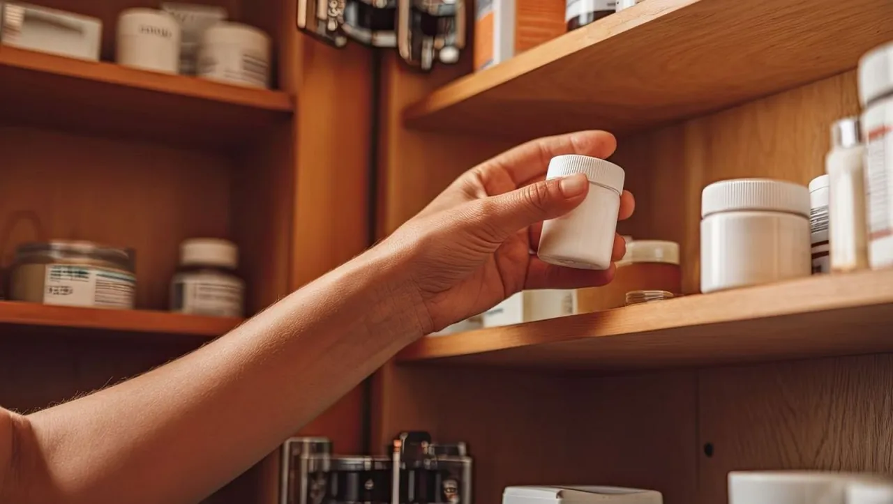 Rodzina przy szafce na leki, bezpieczeństwo dzieci