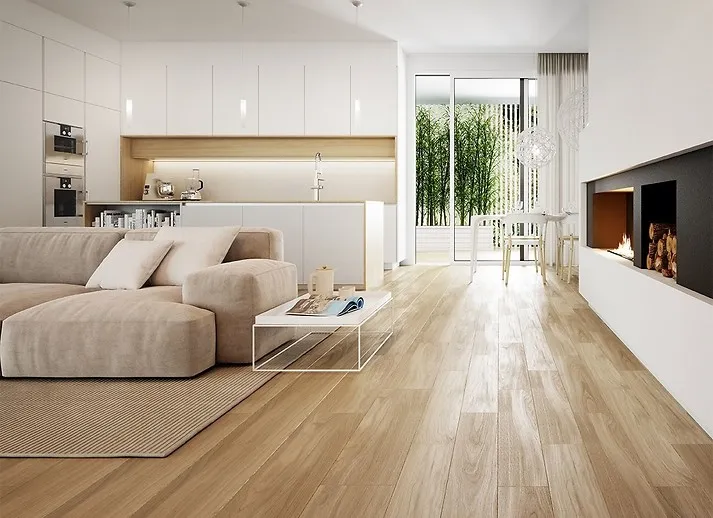 Płytki drewnopodobne w salonie inspiracje