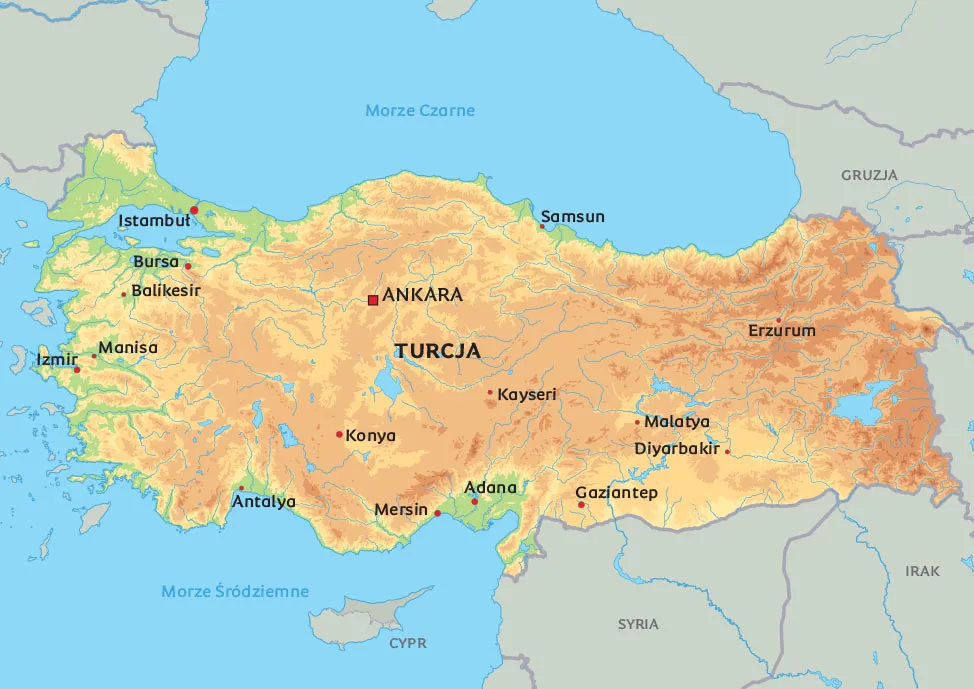 Mapa Turcji z lotniskami Antalya i Gazipaşa