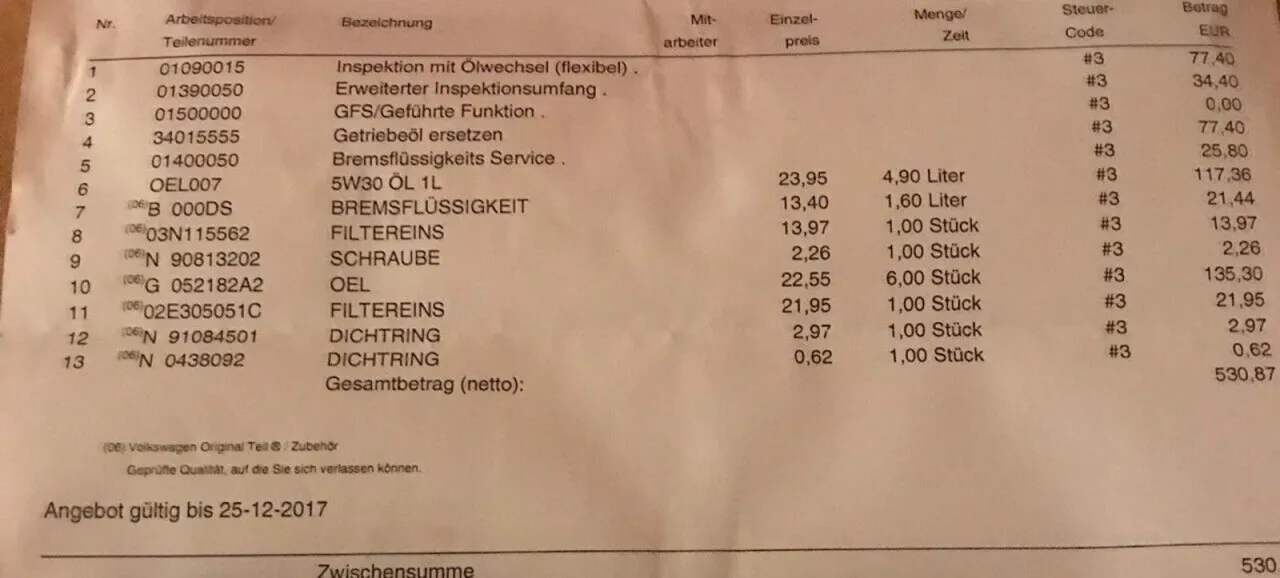 Kostenübersicht DSG Ölwechsel Werkstatt