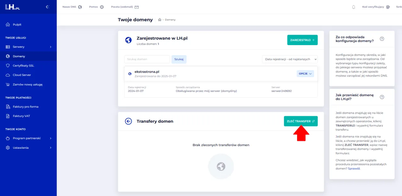 Panel klienta LH.pl, sekcja 