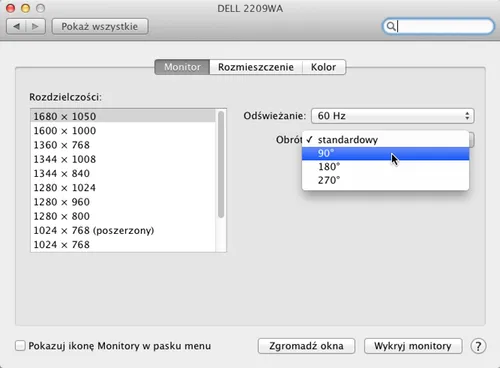 Ustawienia wyświetlaczy macOS obr&oacute;t